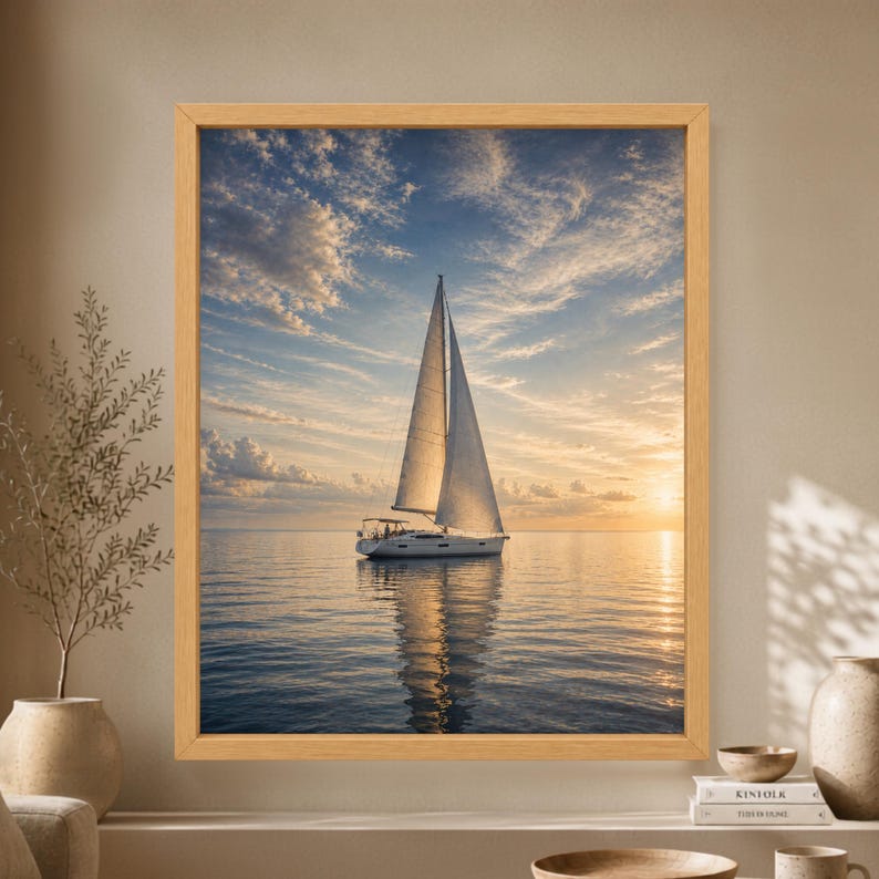 Framed sailboat sunset wall art showing a white sailing yacht on calm blue water beneath a wide golden evening sky with soft clouds and long reflections across the sea.
