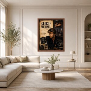 K&ouml;nnte beinhalten: Ein gerahmtes Wandposter mit George Michael, dem Text Faith, George Michael und verschiedenen Symbolen. Das Bild zeigt ein Portr&auml;t des K&uuml;nstlers, eine n&auml;chtliche Skyline, ein Glas Whiskey und einen Plattenspieler in einer dunklen &Auml;sthetik.