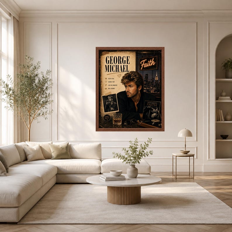 K&ouml;nnte beinhalten: Ein gerahmtes Wandposter mit George Michael, dem Text Faith, George Michael und verschiedenen Symbolen. Das Bild zeigt ein Portr&auml;t des K&uuml;nstlers, eine n&auml;chtliche Skyline, ein Glas Whiskey und einen Plattenspieler in einer dunklen &Auml;sthetik.