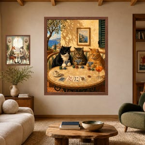 Muurdecoratie met katten die poker spelen, poster met mediterrane katten, decoratie voor de speelkamer, digitale download afbeelding 3