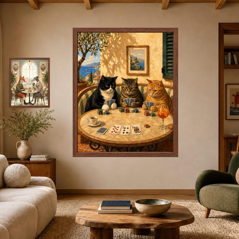 Muurdecoratie met katten die poker spelen, poster met mediterrane katten, decoratie voor de speelkamer, digitale download afbeelding 3