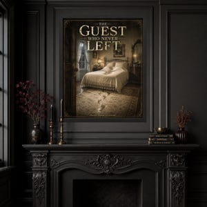 May include: A rectangular wall poster titled The Guest Who Never Left, featuring a dark, atmospheric bedroom scene with a made bed, a window, and a trail of footprints on the floor, all framed in a dark, ornate, and moody aesthetic style.
