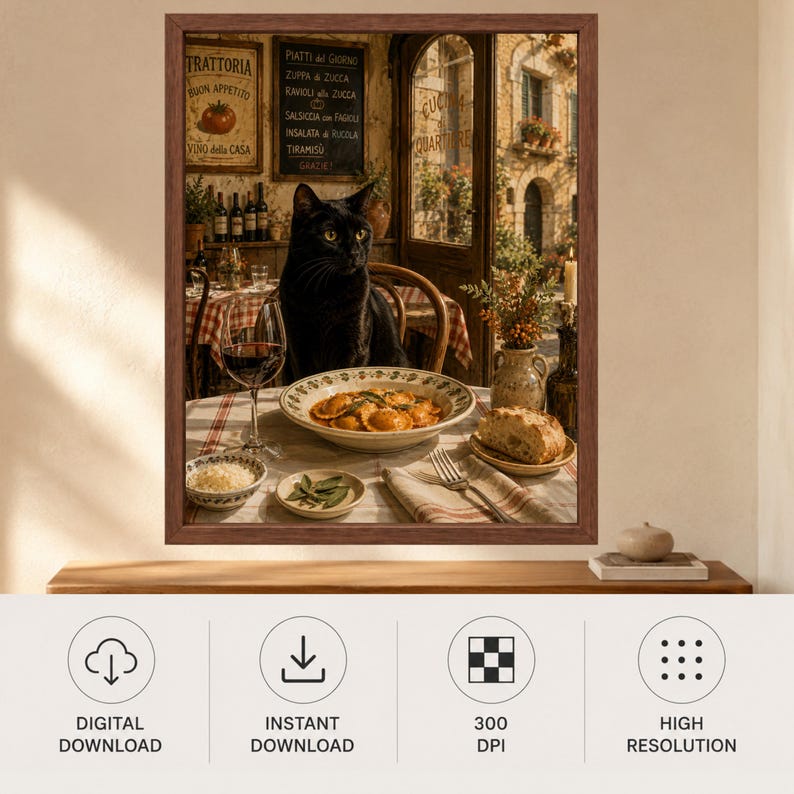 May include: A framed wall art print depicting a black cat sitting at a table in an Italian restaurant. The table is set with a bowl of ravioli, a glass of red wine, bread, and a small dish of herbs. A chalkboard menu lists various Italian dishes.