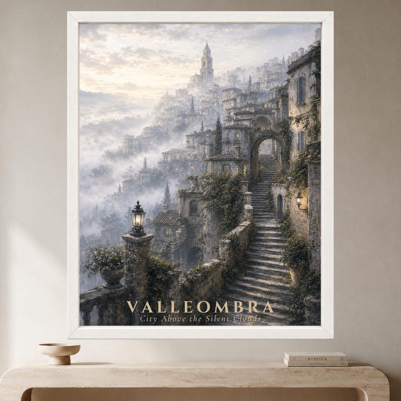 May include: A framed wall art print depicting a hillside town shrouded in mist, featuring stone buildings, a prominent archway, and a winding staircase. The text VALLEOMBRA City Above the Silent Clouds is printed in gold at the bottom of the image.