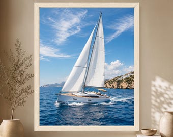 Mediterranean Sailboat Print, White Yacht, Coastal Ocean Decor (Digital Download)