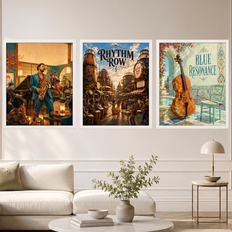 May include: A set of three framed wall art prints. The left print shows a jazz band performing in a warm-toned room. The centre print features a city street scene with the text Rhythm Row. The right print depicts a cello with the text Blue Resonance.