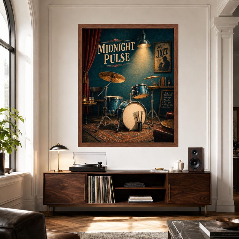 May include: A framed wall art print titled Midnight Pulse featuring a drum kit in a dimly lit room with red curtains, a jazz poster, and a set list. The scene includes a bass drum, snare, cymbals, and drumsticks on a patterned rug under a spotlight.