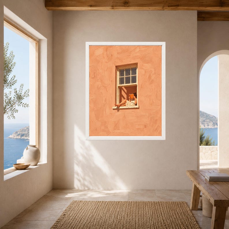 Woman Reading Window Print, Mediterranean Wall Art, Peach Orange Book Lover Decor, Digital Download image 7