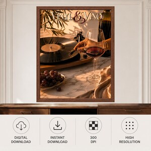 May include: A framed wall art print titled Vinyl & Vino featuring a black vinyl record on a turntable, a glass of red wine, a dark wine bottle, and a small bowl of purple grapes. The scene is set on a white marble surface with warm lighting.