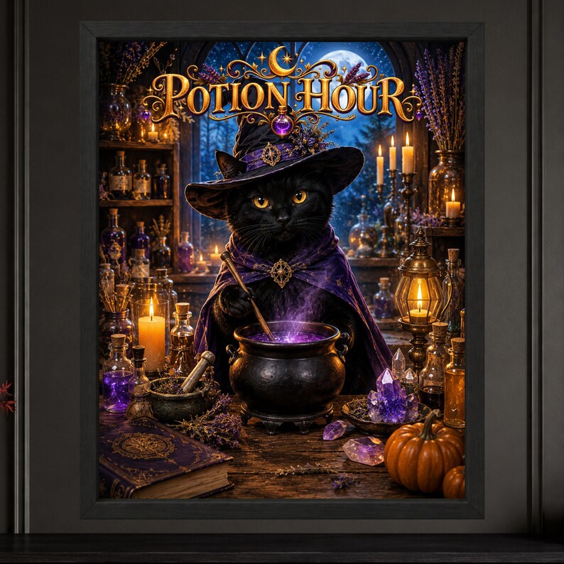 May include: A framed wall art print titled POTION HOUR featuring a black cat wearing a purple witch hat and cape, stirring a glowing purple liquid in a black cauldron. The scene includes candles, glass bottles, crystals, and a pumpkin.