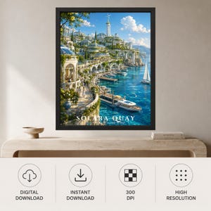 May include: A framed wall art print depicting a coastal Mediterranean-style city built into cliffs overlooking a bright blue harbor. The scene features white stone architecture, arched walkways, boats on the water, and the text SOLARA QUAY.