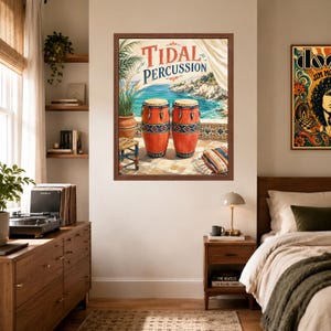 May include: A framed wall art print titled Tidal Percussion featuring two orange conga drums on a tiled terrace overlooking a blue sea. The scene includes a potted palm, a small wooden stool, and a draped curtain, with the text Tidal Percussion.