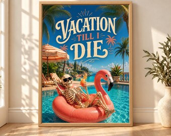 Funny Skeleton Flamingo Pool Poster, Tropical Summer Decor (Digital Download)