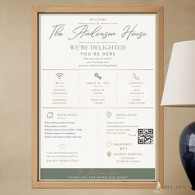 Op de afbeelding: Een ingelijst welkomstbord voor The Anderson House met een witte achtergrond, donkere tekst en gouden accenten. Het bevat secties voor wifi, in- en uitchecktijden, contactgegevens, huisregels, een QR-code en informatie voor noodgevallen.