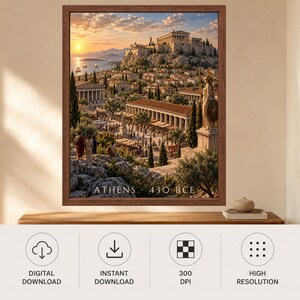 May include: A framed wall art print depicting an ancient Greek city scene at sunset, featuring the Parthenon on a hill, a bustling marketplace with colonnades, and a statue in the foreground. The text ATHENS 430 BCE is printed at the bottom.