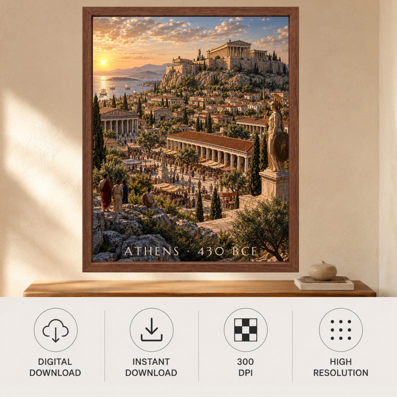 May include: A framed wall art print depicting an ancient Greek city scene at sunset, featuring the Parthenon on a hill, a bustling marketplace with colonnades, and a statue in the foreground. The text ATHENS 430 BCE is printed at the bottom.