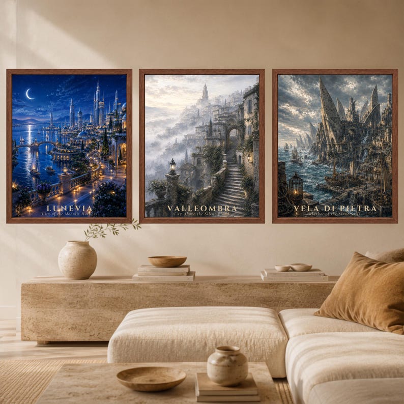 May include: Three framed wall art prints featuring fantasy cityscapes. The left print shows a night scene titled LUNEVIA, the center print shows a misty mountain town titled VALLEOMBRA, and the right print shows a rocky coastal city titled VELA DI PIETRA.
