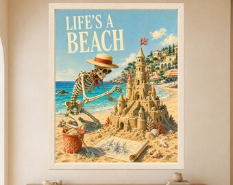 Funny Skeleton Beach Art, Sandcastle Summer Poster (Digital Download)
