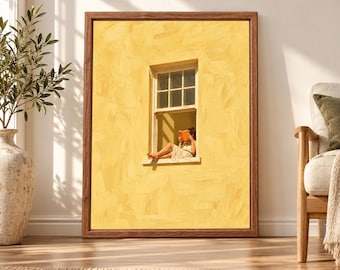 Quadro con donna che legge su finestra, stampa su parete gialla, decorazione per amanti dei libri (download digitale)