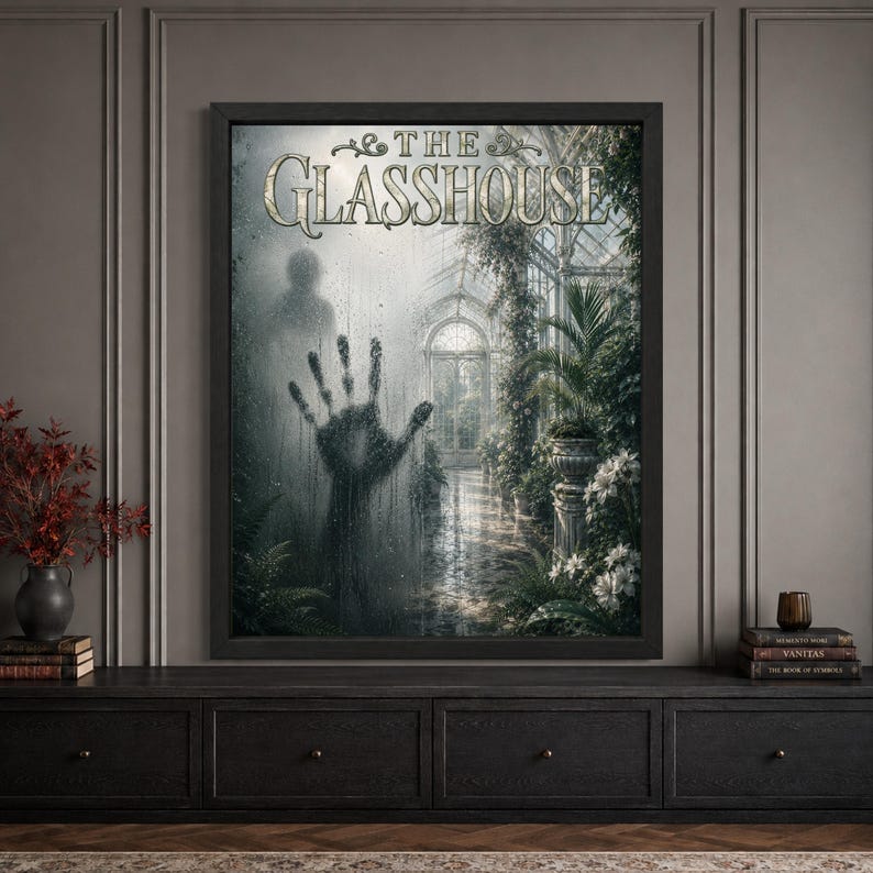 Framed Halloween wall art featuring a shadowy ghost behind rain-covered glass with a hand pressed to the pane inside a lush Victorian greenhouse, surrounded by white flowers and tropical plants beneath “The Glasshouse” typography.
