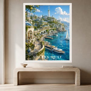 May include: A framed wall art print titled Solara Quay featuring a coastal Mediterranean-style city with white stone architecture, arched walkways, and lush greenery overlooking a bright blue harbor with boats and a sailboat under a sunny sky.