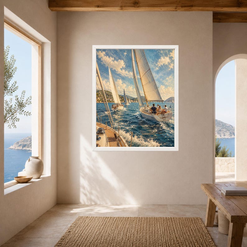 Puede incluir: Una impresi&oacute;n de arte de pared enmarcada que representa una escena de varios veleros navegando en aguas oce&aacute;nicas de color azul profundo bajo un cielo brillante y soleado con nubes blancas dispersas. Los veleros tienen velas blancas altas.