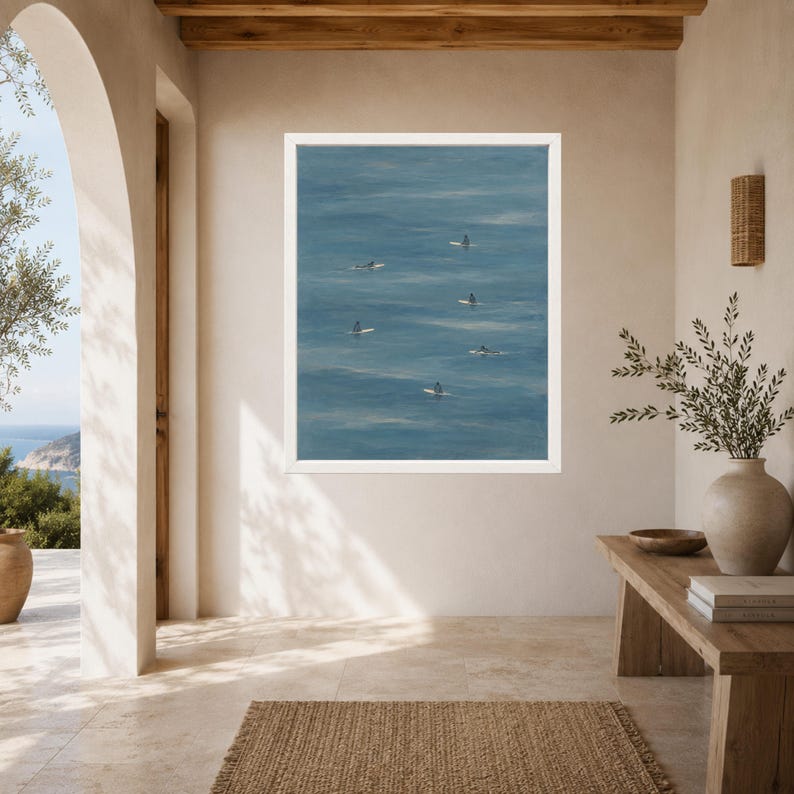 Minimalist Surfers Ocean Print, Muted Blue Coastal Wall Art (Digital Download) image 6
