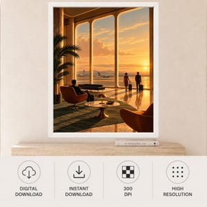 Kunstdruck einer Flughafenlounge im Stil der Mitte des 20. Jahrhunderts, Poster „Sunset Aviation“ (Digitaler Download) Bild 10