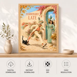 May include: A framed wall art print titled FASHIONABLY LATE featuring a skeleton in a beige suit and hat running toward a woman in a green dress and witch hat. A black cat pulls on the skeleton's long scarf. The scene is set in a courtyard.