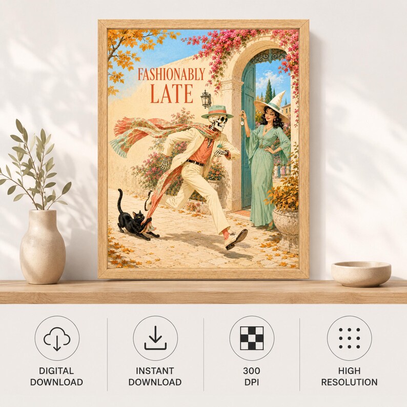 May include: A framed wall art print titled FASHIONABLY LATE featuring a skeleton in a beige suit and hat running toward a woman in a green dress and witch hat. A black cat pulls on the skeleton's long scarf. The scene is set in a courtyard.