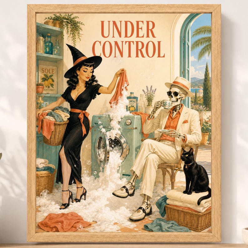 May include: A framed wall art print titled UNDER CONTROL featuring a witch in a black dress and hat doing laundry with a skeleton in a beige suit and hat sitting nearby. A black cat sits on a wicker basket next to the skeleton and washing machine.