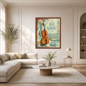 Puede incluir: Una impresi&oacute;n art&iacute;stica enmarcada titulada Blue Resonance que muestra un violonchelo de tonos c&aacute;lidos sobre un patio de baldosas junto a una silla verde claro y un arco. El fondo muestra una estructura de piedra arqueada con flores rosas.