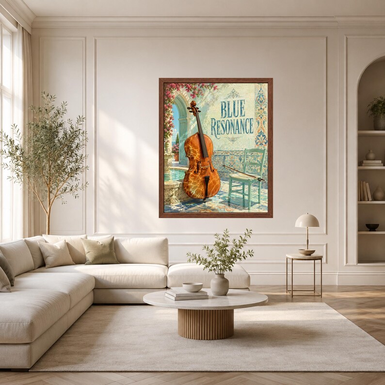 Puede incluir: Una impresi&oacute;n art&iacute;stica enmarcada titulada Blue Resonance que muestra un violonchelo de tonos c&aacute;lidos sobre un patio de baldosas junto a una silla verde claro y un arco. El fondo muestra una estructura de piedra arqueada con flores rosas.