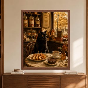 Framed black cat patisserie wall art showing a black cat seated at a marble table with coffee, chocolate tart and glazed pastries inside a warm vintage French confectionery filled with sweets.