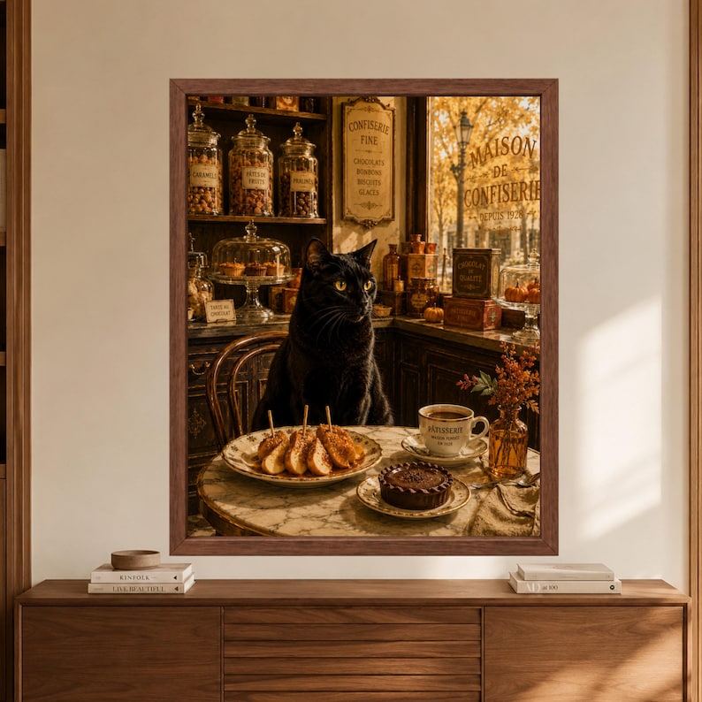 Framed black cat patisserie wall art showing a black cat seated at a marble table with coffee, chocolate tart and glazed pastries inside a warm vintage French confectionery filled with sweets.