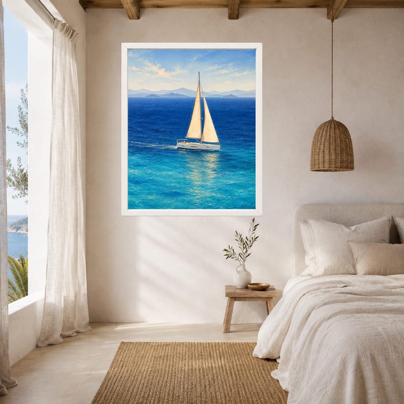 Peut inclure: Une impression d'art mural encadr&eacute;e repr&eacute;sentant un voilier aux voiles blanches naviguant sur un oc&eacute;an turquoise et bleu profond sous un ciel clair avec quelques nuages, et des montagnes lointaines visibles &agrave; l'horizon en arri&egrave;re-plan.