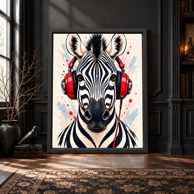 Framed zebra wall art featuring a black and white zebra wearing bright red headphones with red paint splashes and soft blue brush details on a light background.
