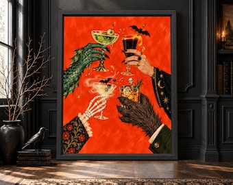 Halloween Cocktail Wall Art, Skeleton Cheers Print, Spooky Drinks (Digital Download)