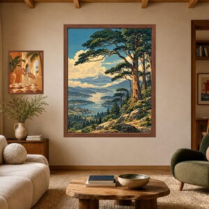 Japanese Landscape Print, Mountain Lake, Pine Trees, Woodblock Style (Digital Download) image 7
