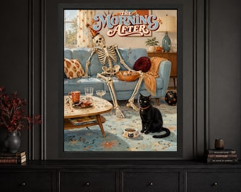 Funny Skeleton Morning After Halloween Art, Retro Party Print (Digital Download)