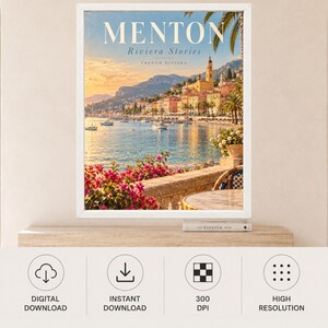May include: A framed wall art print featuring a coastal scene of Menton on the French Riviera. The image displays a harbor with boats, colorful buildings, a church tower, and bright pink bougainvillea flowers in the foreground under a sunset sky.