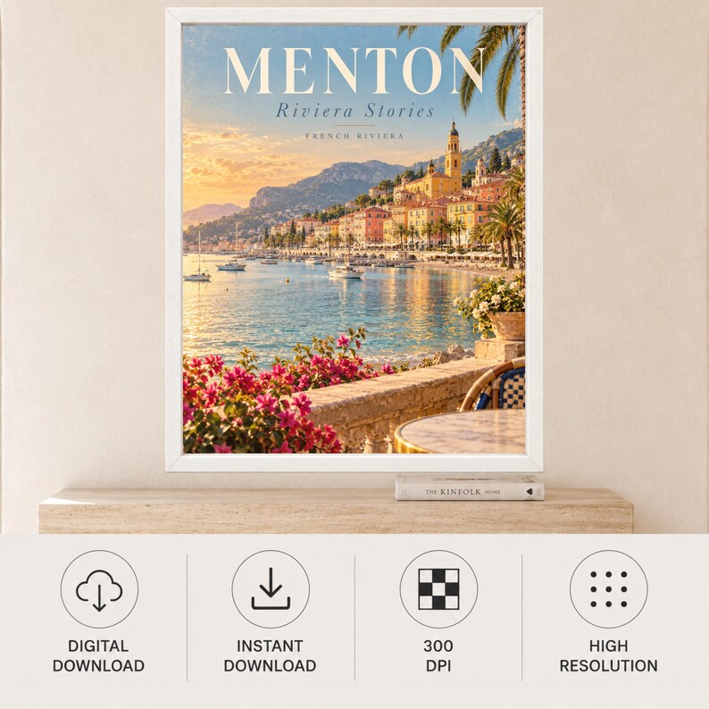 May include: A framed wall art print featuring a coastal scene of Menton on the French Riviera. The image displays a harbor with boats, colorful buildings, a church tower, and bright pink bougainvillea flowers in the foreground under a sunset sky.
