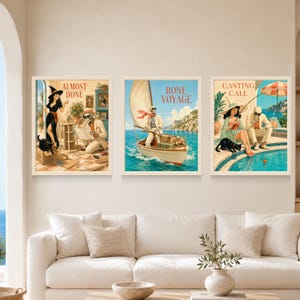 May include: A set of three framed wall art prints featuring vintage-style illustrations. The first shows a witch and a skeleton with the text ALMOST DONE. The second depicts a skeleton sailing a boat labeled BONE VOYAGE. The third shows a person and a skeleton fishing by a pool with the text CASTING CALL.