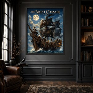 May include: A framed wall art print titled The Night Corsair featuring a dark, weathered pirate ship sailing on turbulent ocean waves under a bright full moon and cloudy night sky, with skeletal figures visible on the deck and rigging.