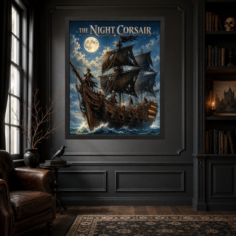 May include: A framed wall art print titled The Night Corsair featuring a dark, weathered pirate ship sailing on turbulent ocean waves under a bright full moon and cloudy night sky, with skeletal figures visible on the deck and rigging.