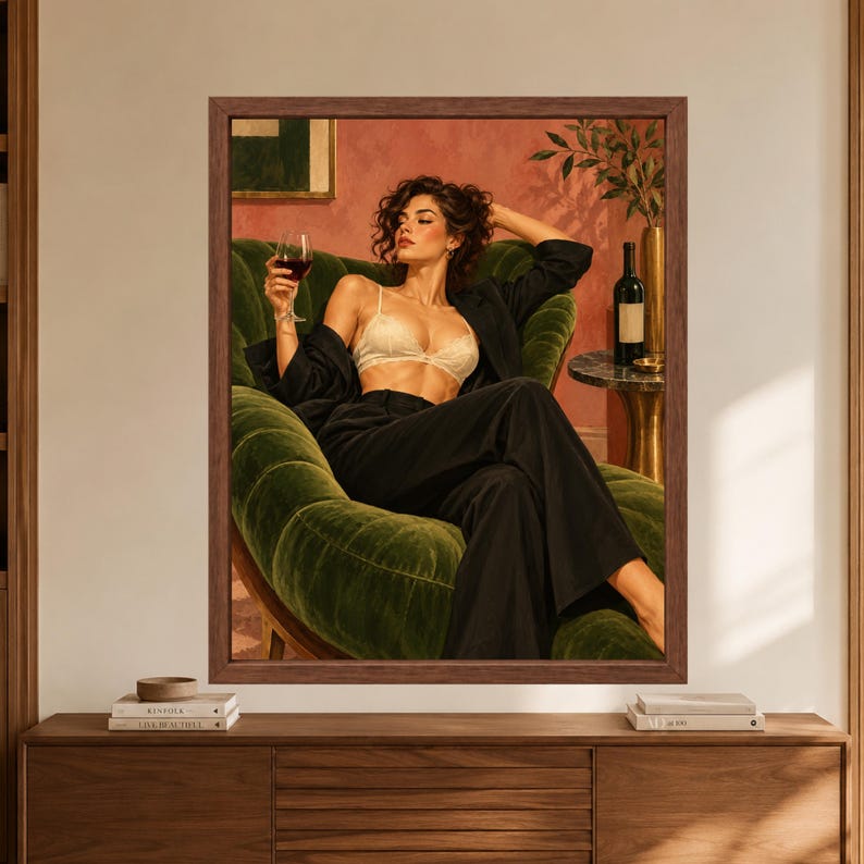 Woman With Wine Wall Art, Green Velvet Lounge Print, Fashion Poster (Digital Download) immagine 9
