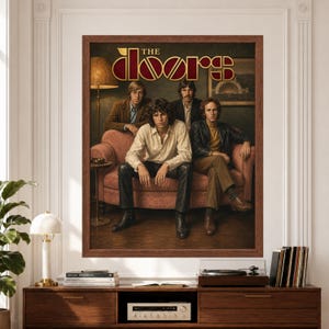 Framed The Doors wall art featuring Jim Morrison and the full band in a warm vintage-inspired 1960s group portrait seated in a retro interior with muted brown, red and olive tones and large The Doors typography above a record player console.