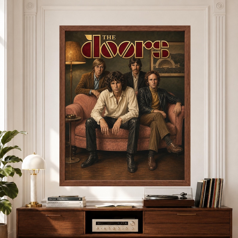 Framed The Doors wall art featuring Jim Morrison and the full band in a warm vintage-inspired 1960s group portrait seated in a retro interior with muted brown, red and olive tones and large The Doors typography above a record player console.