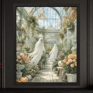 May include: A framed wall art print depicting a glass greenhouse interior filled with lush green plants, blooming peach-colored flowers, and white pumpkins. Two translucent white ghost figures float along the central tiled walkway.