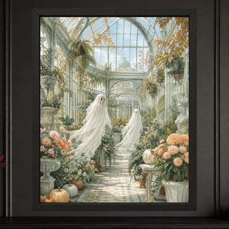 May include: A framed wall art print depicting a glass greenhouse interior filled with lush green plants, blooming peach-colored flowers, and white pumpkins. Two translucent white ghost figures float along the central tiled walkway.
